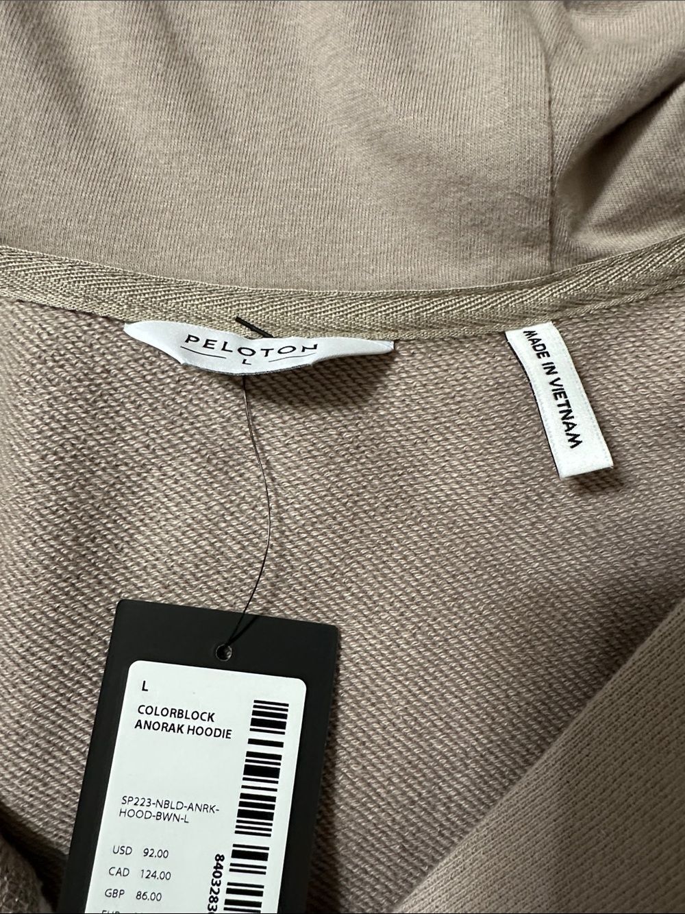 PELOTON L Anorak Color Block Tan White Snap Front Graphic Back Sweatshirt Hoodie - Picture 12 of 12